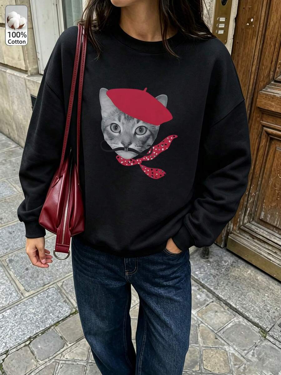 Oversized Women's Sweatshirt For Autumn/Winter, Casual Daily Wear, Long Sleeve Hoodie, Outerwear Top, Y2K, Letter Slogan Graphic, Unisex,Black - Black - View 1