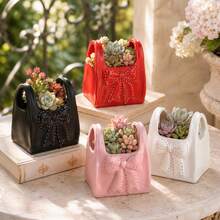 1pc Girly Style Handbag Shaped Flower Pot With Bow, Exquisite Embossed Design, Vanity Decor, Rental Home Soft Furnishing, Best Friend Gift, Desktop Succulent Planter Container - Handbag Planter - View 2