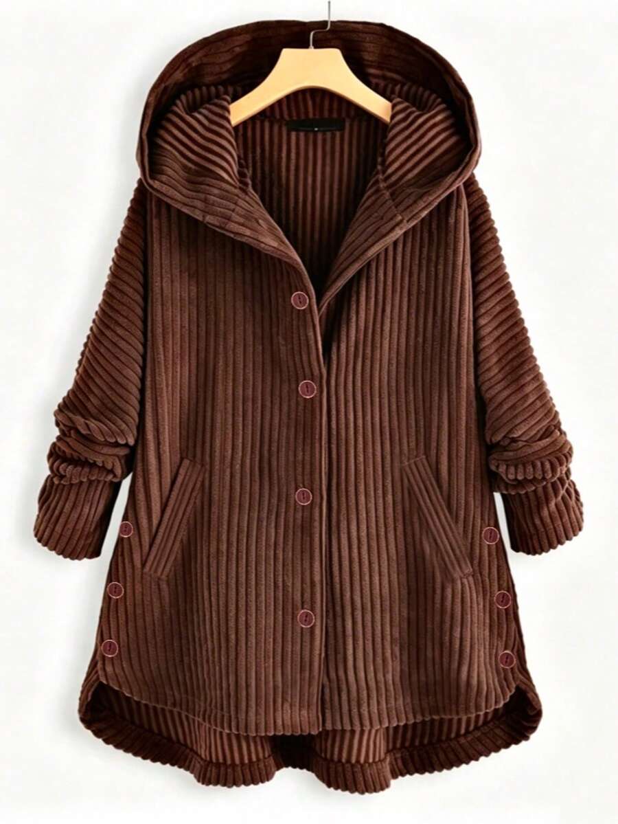 Women's Corduroy Long Sleeve Button-Up Hooded Shirt, Perfect For Autumn And Winter Wear. - Coffee Brown - View 1