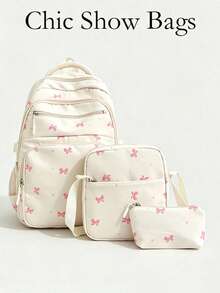 Women 3Pcs Backpack+Crossbody Bag+Pencil Case Bow Star Print Nylon Fabric Multi Pockets Adjustable Straps Sweet Style School Travel Daily For - Multicolor - View 1