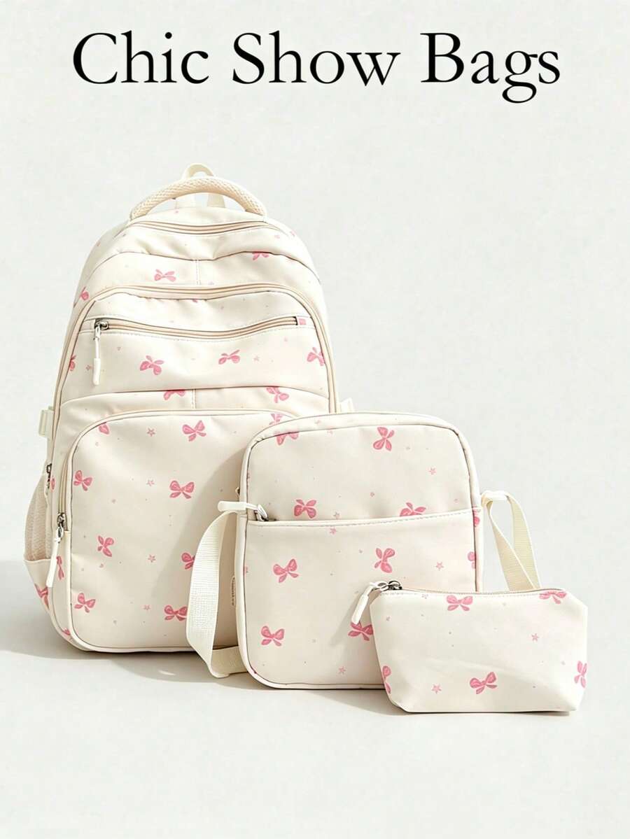 Women 3Pcs Backpack+Crossbody Bag+Pencil Case Bow Star Print Nylon Fabric Multi Pockets Adjustable Straps Sweet Style School Travel Daily For - Multicolor - View 1