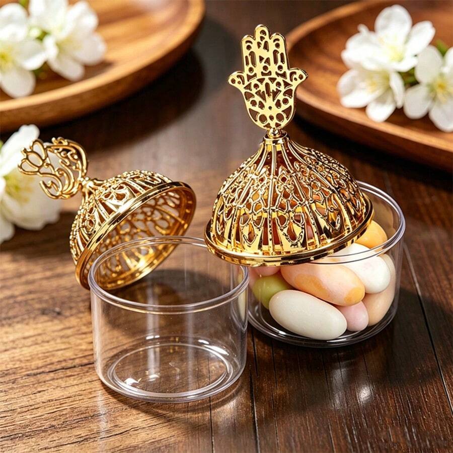 12pcs Transparent Candy Boxes, Cup-Shaped Candy Boxes With Lids, Hollow Gold Design, Suitable For Christmas, Thanksgiving, Adult Ceremony, Graduation Season, Carnival, Banquet, Party Gift Boxes, Wedding Candy Display Boxes - Multicolor - View 1