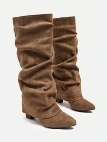 Korean Women's Ruched Leg Boots, Maillard Brown Straight Leg Tall Boots, Over-The-Knee Boots, Fold-Top Boots, Hot Girl Style - Khaki - View 5