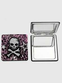1pc Y2K Grunge Pink Leopard Skull Portable Mirror - Glitter Gothic Double-Sided Folding Makeup Mirror, Punk Style Portable Pocket Mirror Suitable For Emo/Y2K - Multi-color-square - View 1
