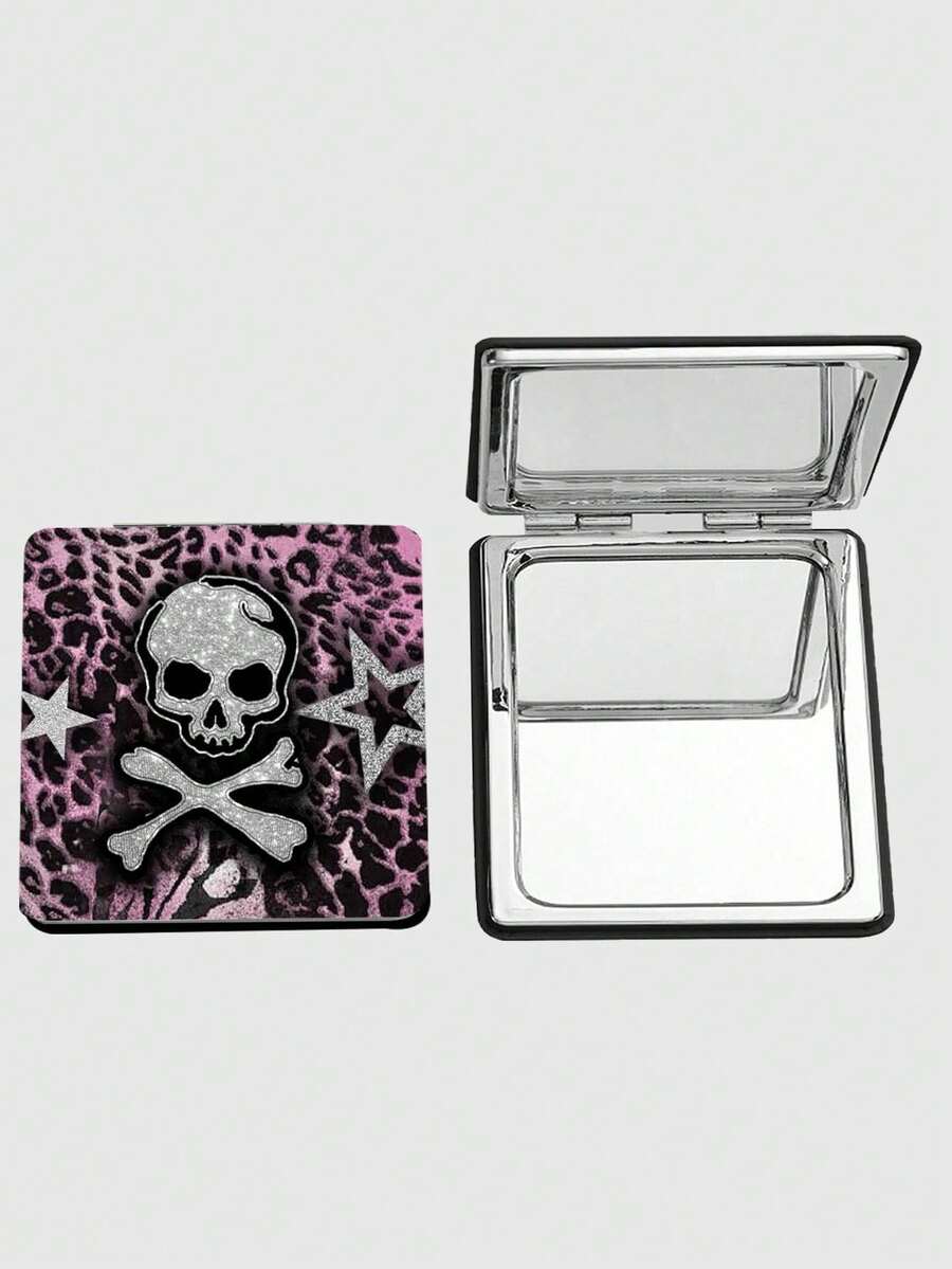 1pc Y2K Grunge Pink Leopard Skull Portable Mirror - Glitter Gothic Double-Sided Folding Makeup Mirror, Punk Style Portable Pocket Mirror Suitable For Emo/Y2K - Multi-color-square - View 1