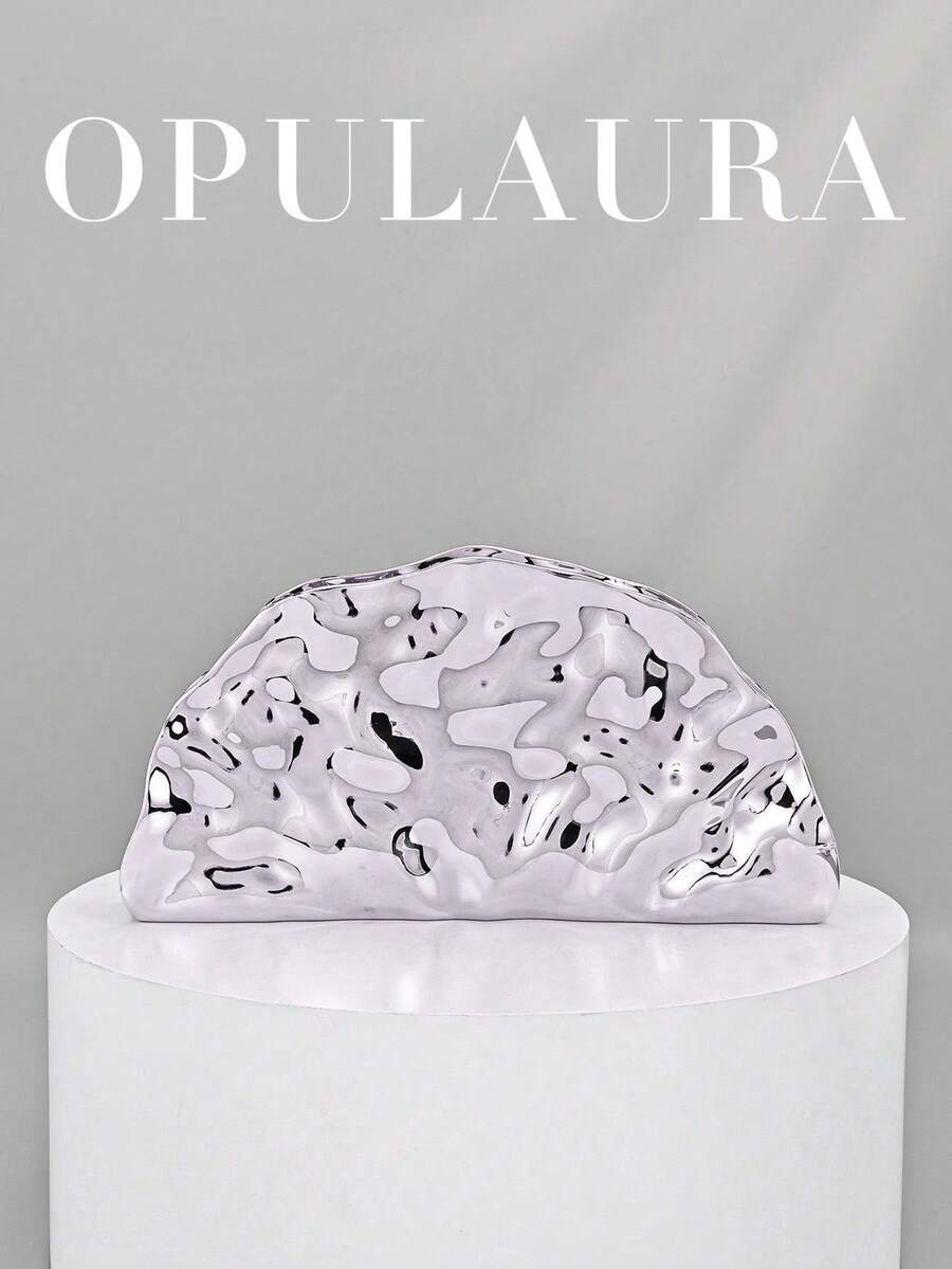 OpulAura 复古贝壳形纹理金属彩色手拿包，不对称设计，磁扣闭合，完美适用于派对、婚礼、毕业典礼、晚宴以及女士生日、婚礼和舞会等场合。 - 銀色 - 查看 1