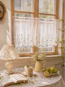 1pc Fresh Floral Embroidered Coffee Curtain, Kitchen Small Window Curtain, Suitable For Kitchen Cabinet, Bay Window, Door Curtain Divider, Home Decor - Mint Green - View 6