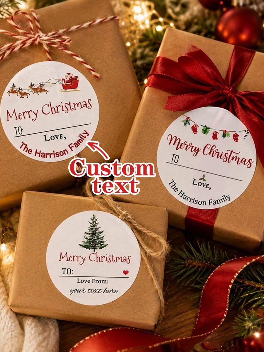 35-350pcs Custom Christmas Handwritten Gift Stickers, Personalized Round Holiday Labels, Festive Santa Sleigh Reindeer Style, Customized Text Christmas Gift Seals, Customizable Family Message Stickers, Gift Wrapping Decor, Holiday Party Favors - Multicolor - View 1