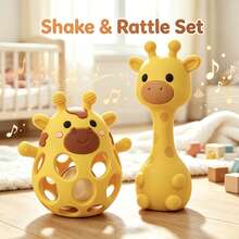 2pcs/Set Silicone Giraffe Rattle Toy Set, Sand Shaker Rattle + Hollow Ball Rattle, Easy To Grip And Clean, Toy Set Loved By Both Baby Boys And Girls, Newborn Gift, Christmas And Halloween Gift - Multicolor - View 1