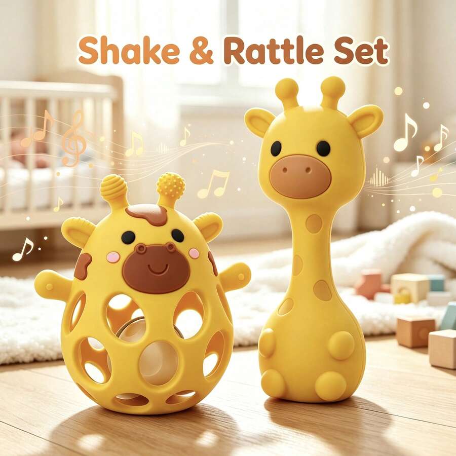 2pcs/Set Silicone Giraffe Rattle Toy Set, Sand Shaker Rattle + Hollow Ball Rattle, Easy To Grip And Clean, Toy Set Loved By Both Baby Boys And Girls, Newborn Gift, Christmas And Halloween Gift - Multicolor - View 1