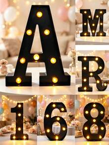 1pc 22cm Black DIY Spelling LED Letter Number Lamp, Battery Powered Luminous Alphabet Sign Light, Wedding Backdrop Decor Home Bedroom Decor Table & Wall Mount Decor Lamp For Holiday Celebration Birthday Wedding Party Favors - Black - View 1