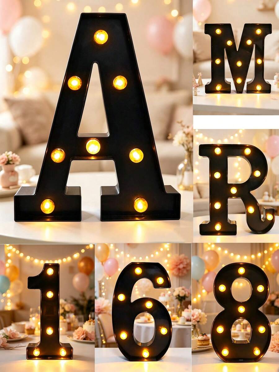 1pc 22cm Black DIY Spelling LED Letter Number Lamp, Battery Powered Luminous Alphabet Sign Light, Wedding Backdrop Decor Home Bedroom Decor Table & Wall Mount Decor Lamp For Holiday Celebration Birthday Wedding Party Favors - Black - View 1