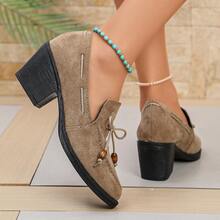 British Style Women's Leather Shoes 2026 Autumn New High Heel Bow Pointed Toe Slip-On Plus Size Shoes - Khaki - View 5