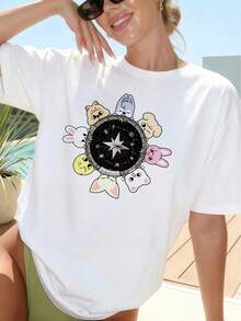 Women's Oversized Short-Sleeve Cotton Graphic T-Shirt, Y2K Harajuku SKZOOS Star Compass Style, Perfect For Autumn, Fans, And Casual Everyday Wear - White - View 2