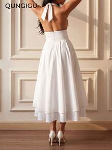 Women's Halter Neck Mid-Length Dress, Deep V-Neck Backless A-Line Skirt, Double Layer Flared Hem, Summer Elegant Cocktail Party Wedding Guest Outfit - White - View 3