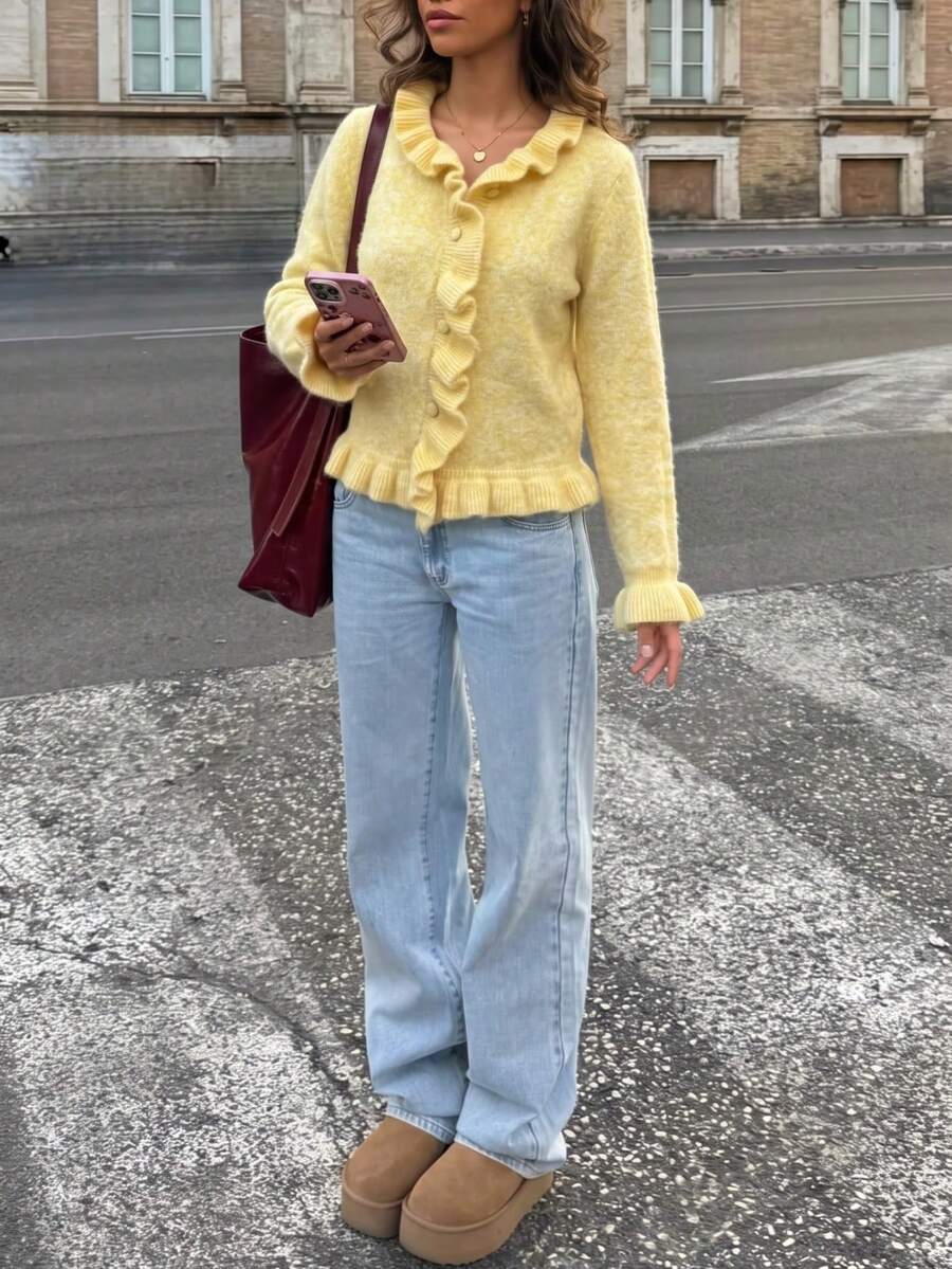 French Cottagecore Ruffle Edge Knit Cardigan, Elegant Button‑Up Long Sleeve Sweater For Women, Fashion Top For Autumn Winter Daily Commute & Party - Yellow - View 1