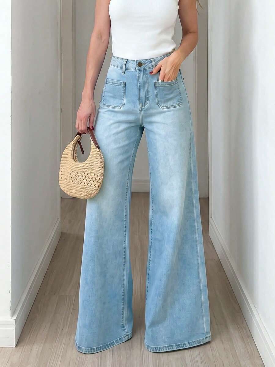 Vintage Low-Rise Flare Women's Jeans, Light Blue Washed Denim, Square Front Pockets, Casual Daily Long Pants - Blue - View 1