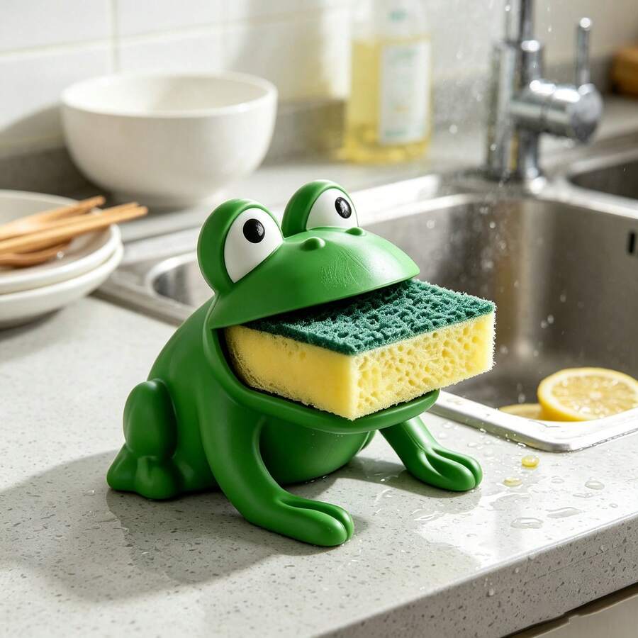 2 Sets 3D Printed Frog Shaped Sponge Drain Rack And 1 Sponge Brush, Equipped With Drainage System, Suitable For Kitchen Countertop, Bathroom, Can Store Sponges, Fabrics And Brushes, Combines Storage Decoration And Drainage Tray Functions - Multi-color - View 1
