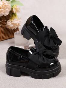 Girls' Shiny Patent Leather Thick Sole Loafers, Sweet Bow Decor, Slip-On Casual Shoes, Suitable For Various Daily Casual Occasions - Black - View 5