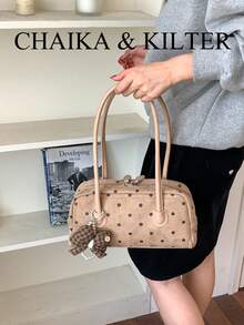 CHAIKA & KILTER 1件女款拼色麂皮布料單肩包，復古時尚啞光保齡球包，滿版波點圖案，拼色絎縫縫線，雙手柄設計，拉鍊開合，適合日常與街頭穿搭（附吊飾） - 卡其色 - 查看 6
