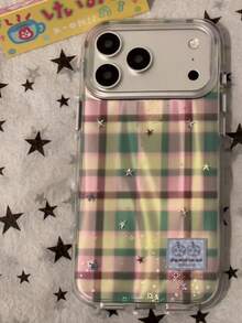 Ins Style Semi-Transparent Fine Glitter Star Brown Plaid Phone Case Compatible With Iphone 17 Pro Max, 16 Pro, 15, 14, Niche Girly Minimalist Fresh Cartoon Cute - Green - View 3