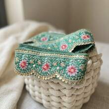 1/5碼 5.5公分寬刺繡亮片蕾絲飾邊－鮮黃、綠、白多色花卉圖案－適用於DIY帽子飾帶、領帶、窗簾裝飾及手工縫製項目 - 多色E - 查看 2
