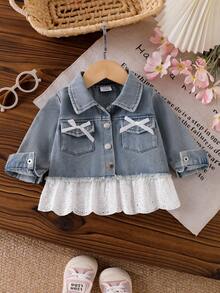 Baby Girl Light Blue Denim Jacket With Double Pockets, White Bow Decor, Frayed Hem, Patchwork Hollow Lace Trim, Sweet Denim Jacket - Light Wash - View 1