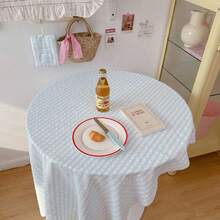 1pc Korean Style Light Blue Striped & Polka Dot Square Tablecloth, Fresh Blue & White Fabric Round Table Cover, Home Use Ins Style Afternoon Tea Dining Table Cloth - Baby Blue - View 6
