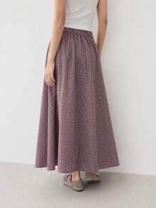 ARMONIAS Women's High-Waisted Midi Skirt With Elastic Wide Waistband, Front Pleats And Full Flare, Cotton Blend For Daily Wear And Office - Burgundy - View 2