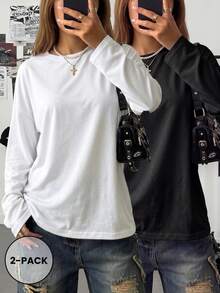 2pcs Women's Crew Neck Long Sleeve Regular Fit Loose T-Shirt, Fashionable Versatile Casual Spring/Autumn New Style Tops - Black and White - View 2