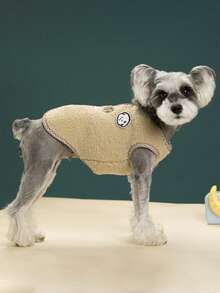 1pc Beige Lamb Fleece Pet Vest With Cute Puppy Patch Embroidery, Plaid Trim Snap Button Dog Clothes With D-Ring For Leash Attachment, Warm Winter Outfit For Small Dogs, Medium Dogs And Cats - Beige - View 2