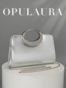 OpulAura 女士时尚闪亮水晶水钻晚装手拿包，闪亮奢华钻石镶嵌礼服包，适合晚会、派对、生日、婚礼作为新娘手拿包 - 銀色 - 查看 1