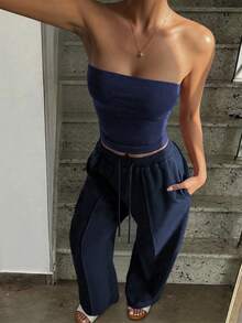 Vaiaye 2pcs Set Autumn Clothing Fitted Sexy Strapless Cropped Top Basic Camisole Solid Color Elastic Fitted Yoga Bandeau Top, Spring/Summer Elegant - Navy - View 7