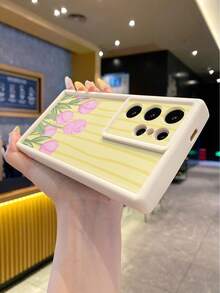 1pc Fashion Pure Android TPU Material Yellow Striped Tulip Flower Element Pattern Lens Protection Thick Anti-Fall Anti-Fingerprint Beige Diamond Sand Phone Case Compatible With Samsung/Transsion/HONOR/ - Beige - View 2