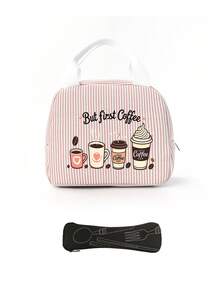 Striped Lunch Bag Featuring Coffee-Themed Patterns And Lettering.Reusable Insulated Lunch Box, Large Capacity Thermal Bag, Comes With Black Utensil Storage Bag, Snack Storage Bag, Multi-Functional Travel Storage Bag, Makeup Bag, Toiletry Bag, Suitable For School, Commuting, Dorm, Picnic, Vacation, Birthday Gift, Halloween Christmas Gift - Multicolor - View 12