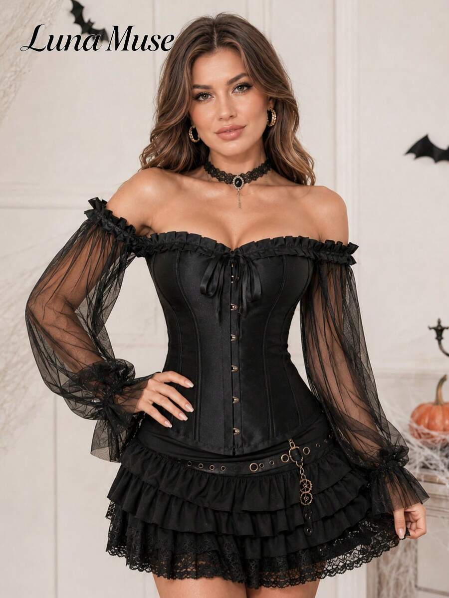 Luna Muse 一字領網紗泡泡袖束腰上衣,宮廷風緞面修身 Bustier,法式復古性感顯瘦,抹胸長袖短版收腰上衣,優雅高級感,適合日常、約會、宴會、度假、街拍、派對、表演、晚禮服上衣、音樂節穿搭,聖誕節、萬聖節、情人節、跨年、復古舞會,暗黑 Coquette 風格 - 黑色 - 查看 1