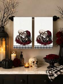 2pcs/4pcs Gothic Skull Couple Red Rose Towels, Super Soft & Highly Absorbent, Dark Romantic Bathroom Decor, Creative Valentine's Day Wedding Gift - Multicolor - View 2