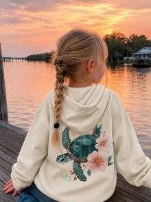 Tween Girl 1pc Thermal Lined Thick Warm Hooded Sweatshirt, Young Student Children's Clothing, Suitable For Autumn/Winter Long Sleeve Top - Apricot - View 1