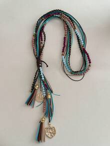 1pc Bohemian Tassel Long Necklace, Multi-Strand Colorful Beaded Y-Shaped Leather Cord Sweater Chain With Tassel Pendant, Suitable For Women's Daily Wear - Blue - View 6