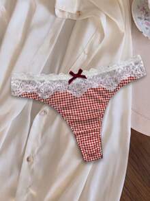 Vintage Gingham Plaid Lace Bow Lingerie Set, Womean Bra & Thong 2‑Piece Set - Red - View 5