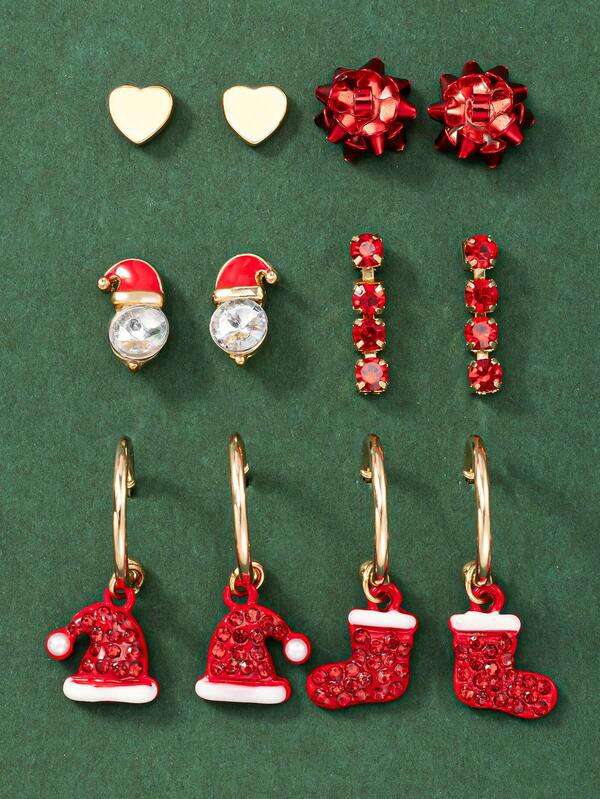 6 Pairs Christmas Earrings Set, Heart, Christmas Hat, Christmas Sock, Unique Designs, Women's Jewelry For Holiday Parties, Gatherings, Photo Shoots, Gifts