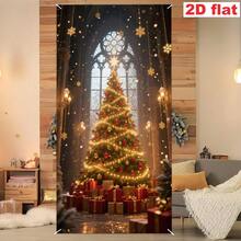 Party Banner, Flag Ribbon - 1pc, Polyester Christmas Tree Door Frame Hanging Tapestry, Red And Gold Bow And Pine Branch, Cute Red Nose Reindeer Background Design, Snowflake Pattern Design - 2D Hanging Banner, Suitable For Christmas Party Decoration, Winter Holiday Indoor And Outdoor Decoration, Home Decor, No Power Required - 1 - View 3