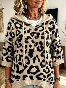 Chic Plus Size Cheetah Print Hooded Pullover Sweater For Women, Regular Length With Drawstring And Rib-Knit Details, Perfect For Fall Outfits - Khaki - View 3