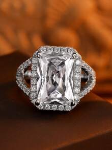 1pc Exquisite Hollow Four-Prong Rectangular Large Diamond Halo Couple Ring, Geometric Evening Party Proposal Engagement Gift Jewelry - White - View 1