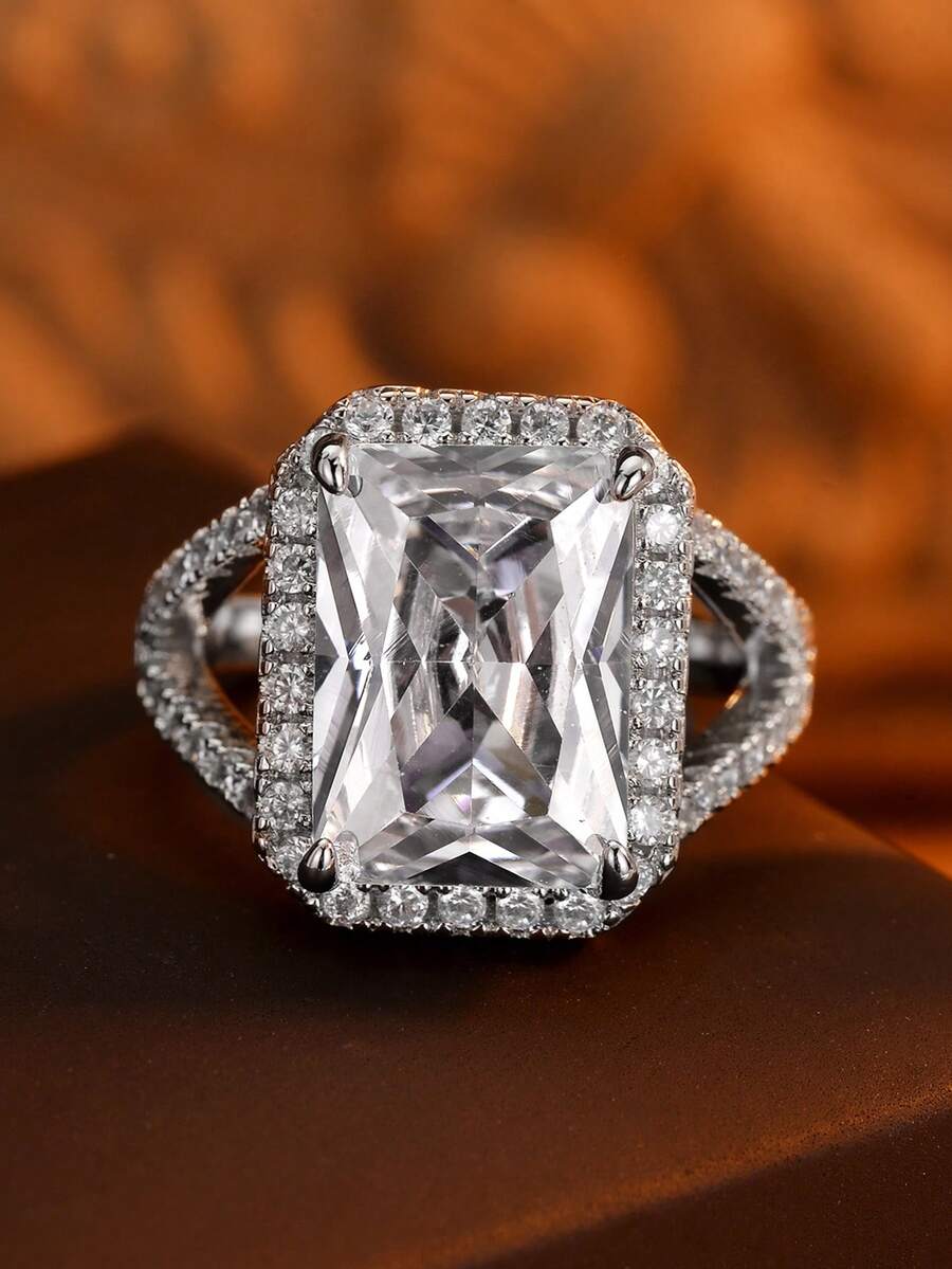 1pc Exquisite Hollow Four-Prong Rectangular Large Diamond Halo Couple Ring, Geometric Evening Party Proposal Engagement Gift Jewelry - White - View 1