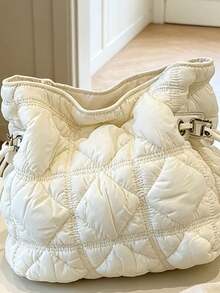Women's Ruched Texture Bucket Bag With Adjustable Spaghetti Strap, Loose Multi-Compartment Storage, Drawstring Closure, Niche Style, Versatile Crossbody Shoulder Bag For Daily Wear, Dating, Parties, Travel, Shopping And Casual Outings - Beige - View 6