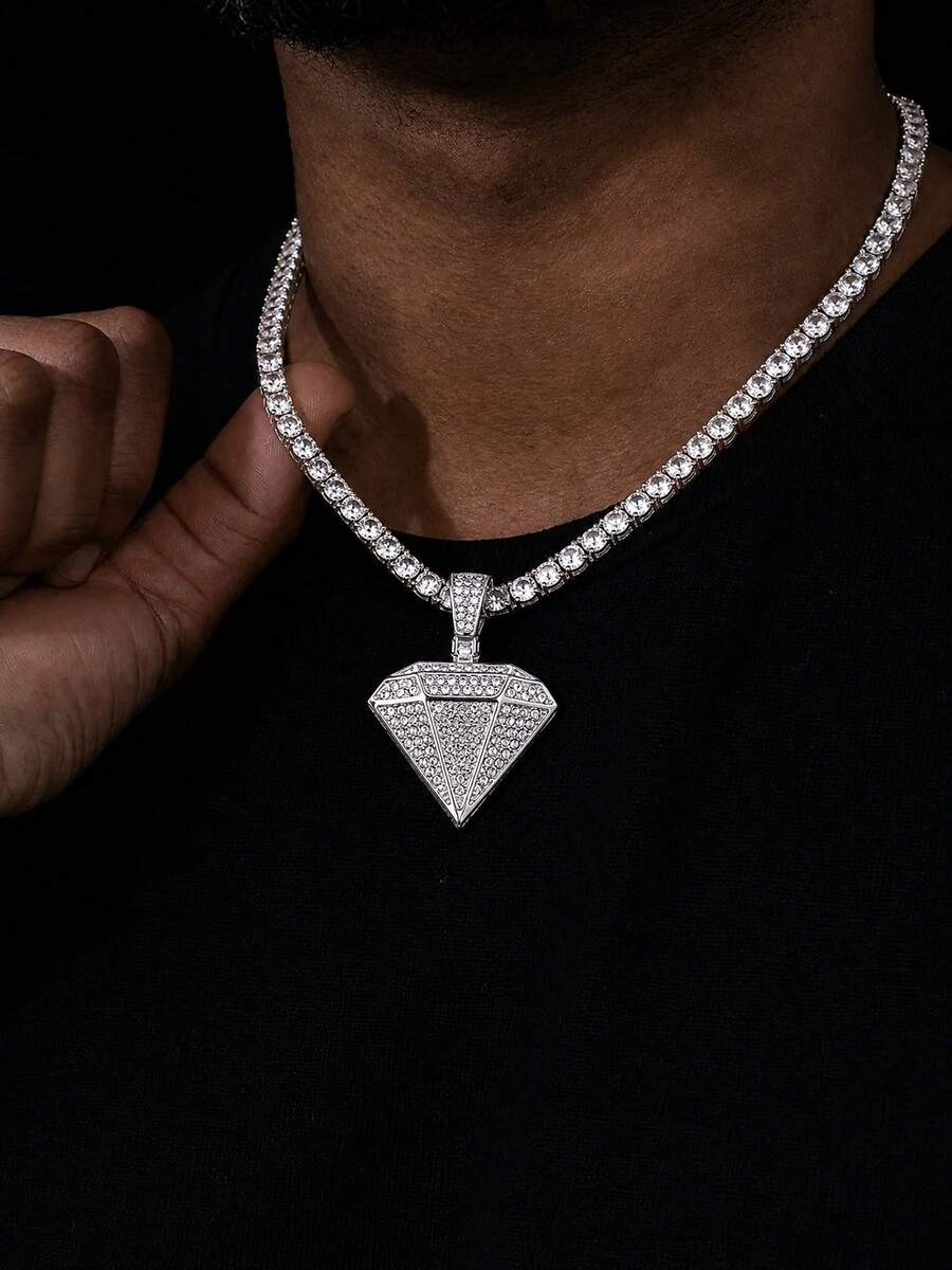 Bling Full Crystal Diamond Pendant With Matching Tennis Chain Necklace For Men, Hip‑Hop Fashion Costume Accessories For Daily Wear And Gifting - Diamond Pendant Tennis Chain Necklace - View 1