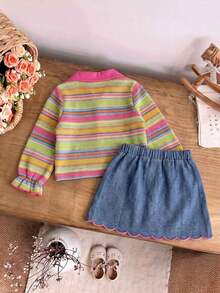 Girls' Fashionable Colorful V-Neck Long Sleeve Cuffed T-Shirt With Turn-Down Collar And Fuchsia Lace Button Decor Denim Mini Skirt - Multicolor - View 2