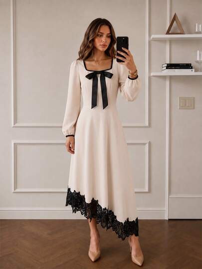 Vestido midi para mujer, elegante vestido albaricoque de línea A con cuello cuadrado, lazo de contraste, manga larga y ribete de encaje, elegante vestido para invitada de boda, iglesia y fiesta de otoño