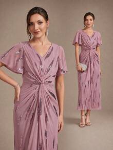 EVERPRETTY Elegant High Elasticity Comfortable Ruffle Tie-Knot Wrap Design Mid-Length Formal Evening Dress, Suitable For Wedding Guests, Brides, Mothers, Parties And Semi-Formal Occasions - Dusty Pink - View 1